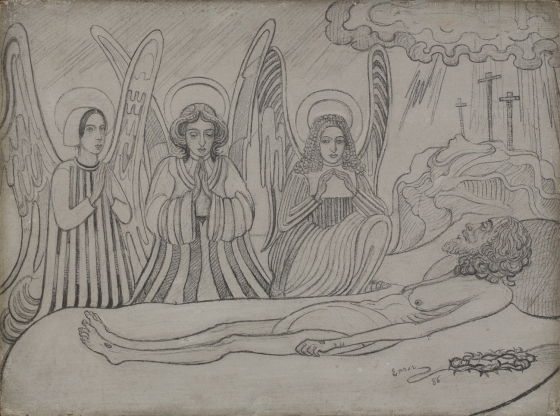 James Ensor, Christus door de engelen beweend, 1886, zwart krijt op geprepareerd paneel, 16,5 x 21,5 cm, inv. 2015-MU, Museum voor Schone Kunsten, Gent.