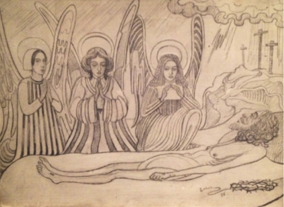  James Ensor, Le Christ pleuré par les anges, 1886, houtskool op paneel, 16,5 x 21,4 cm 