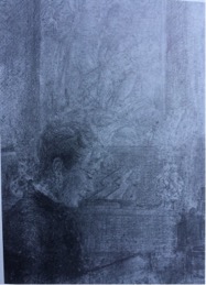 James Ensor, Mariette Rousseau au microscope, 1889, black chalk and pencil on panel, 24,5x18,8 cm, private collection, © SABAM Belgium 2017.