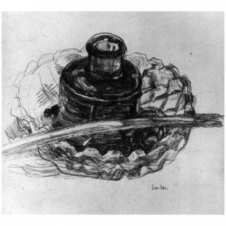 Pen and inkpot on a glass dish - 1885